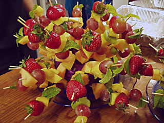 A closeup of a fresh fruit kabob gourmet dessert created and catered by the Truffle Shop in Nevada City, CA for an entertainment event in Grass Valley, CA.