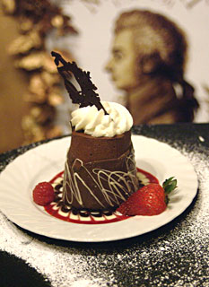 A close up of a gourmet chocolate dessert catered by The Truffle Shop to a Music in the Moutain event in Nevada City, CA