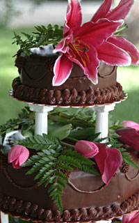 A closeup of a gourmet chocolate truffle torte wedding cake created and catered by the Truffle Shop in Nevada City for a Hawaiian-themed wedding in Grass Valley, CA
